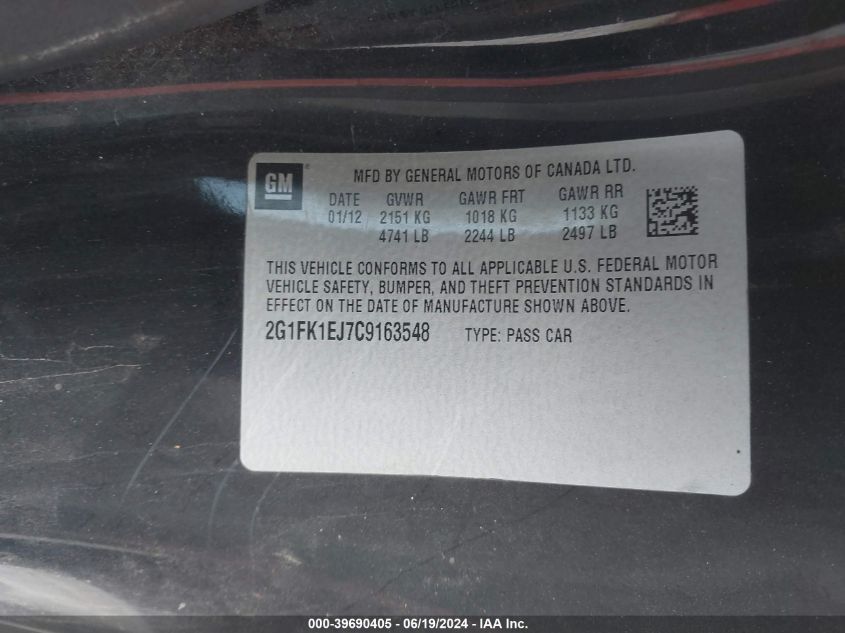 2012 Chevrolet Camaro 2Ss VIN: 2G1FK1EJ7C9163548 Lot: 39690405