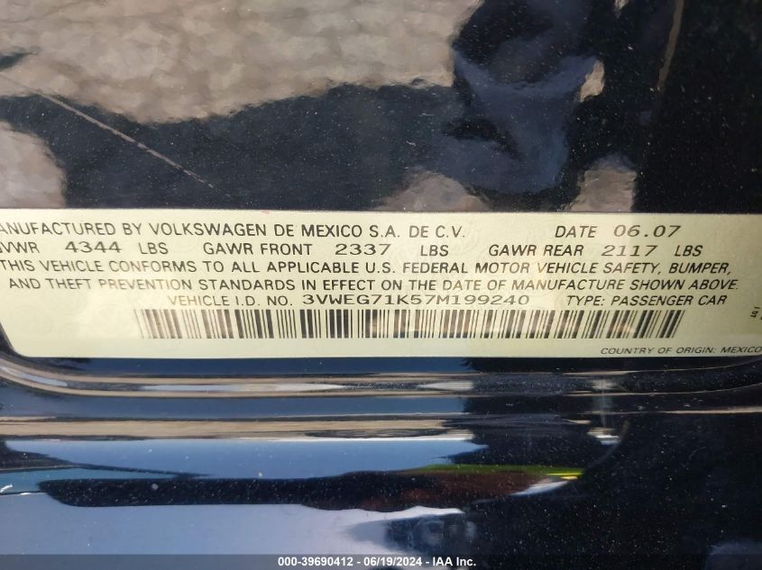 2007 Volkswagen Jetta Wolfsburg Edition VIN: 3VWEG71K57M199240 Lot: 39690412