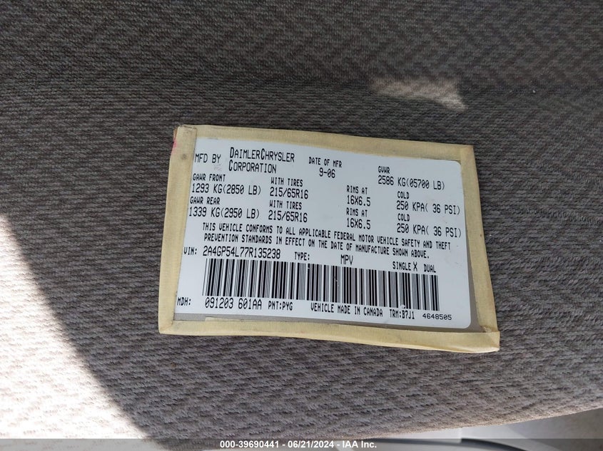 2007 Chrysler Town & Country Touring VIN: 2A4GP54L77R135238 Lot: 39690441