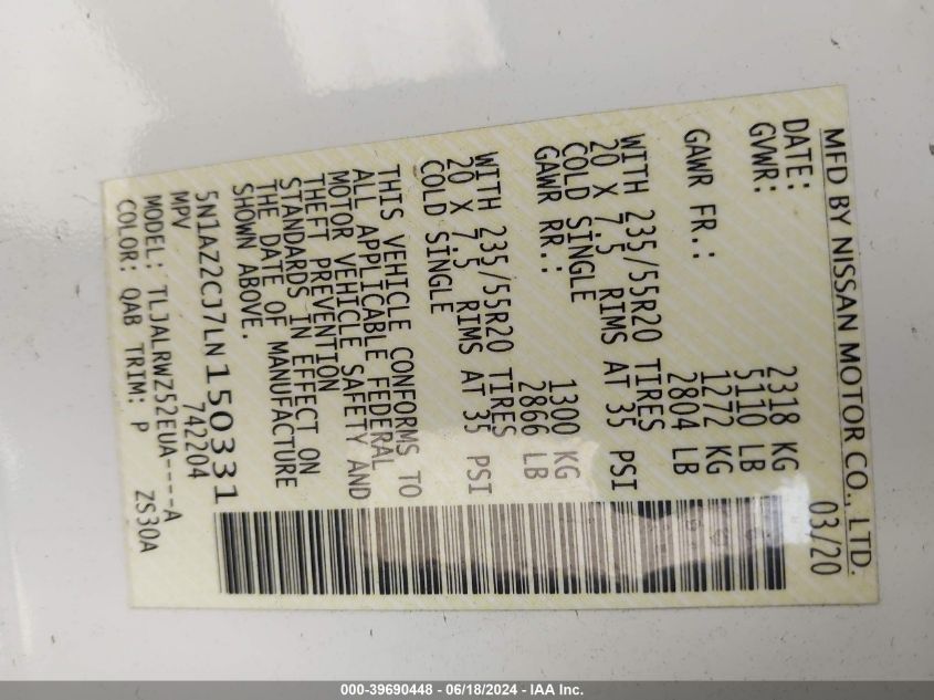 2020 Nissan Murano Sl Fwd VIN: 5N1AZ2CJ7LN150331 Lot: 39690448