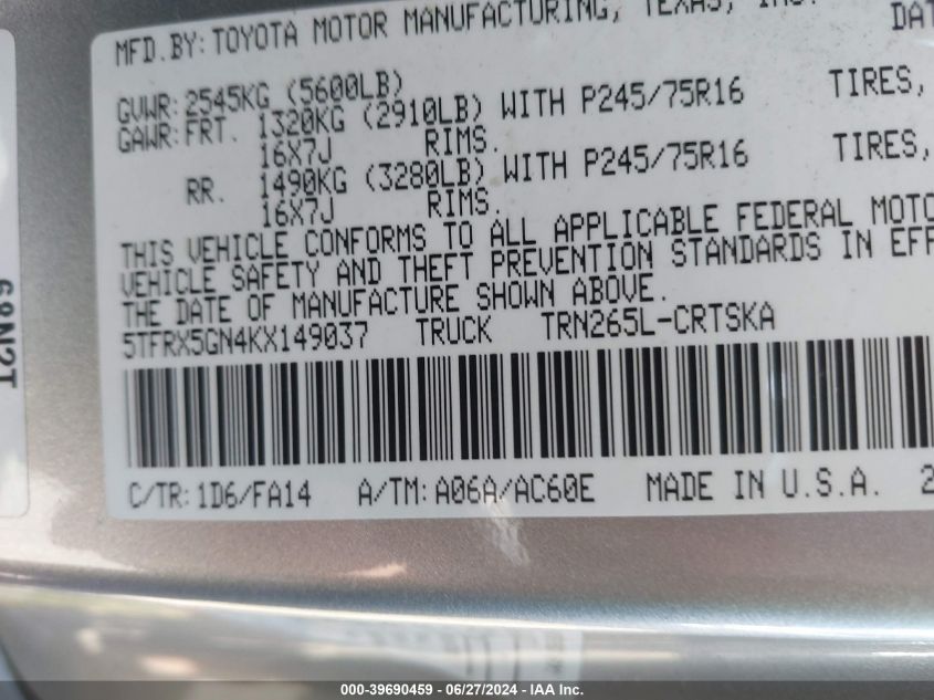 2019 Toyota Tacoma Sr VIN: 5TFRX5GN4KX149037 Lot: 39690459