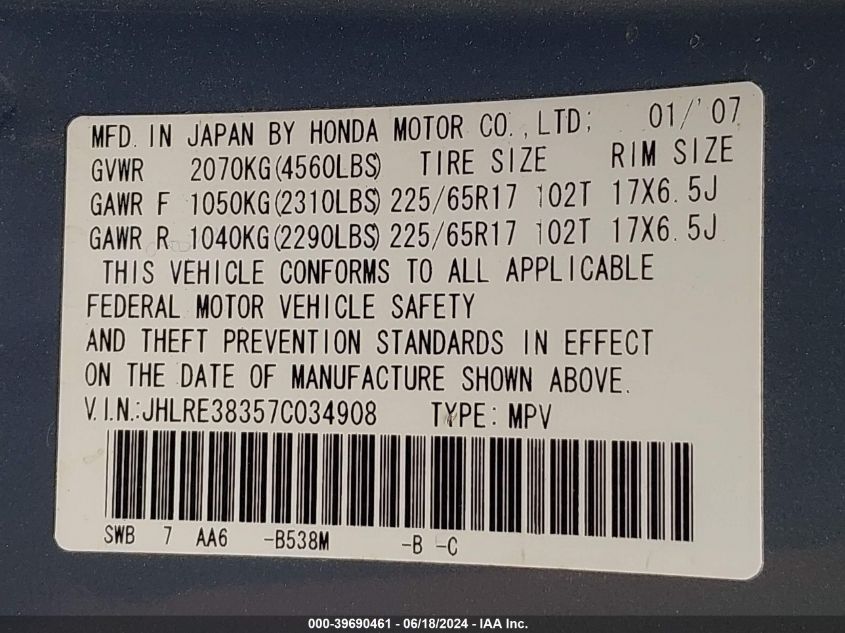 2007 Honda Cr-V Lx VIN: JHLRE38357C034908 Lot: 39690461