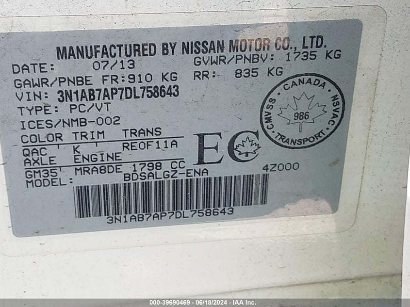 2013 Nissan Sentra Fe+ S/Fe+ Sv/S/Sl/Sr/Sv VIN: 3N1AB7AP7DL758643 Lot: 39690469