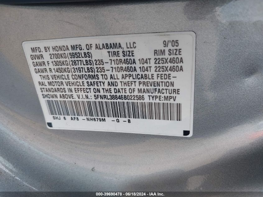 2006 Honda Odyssey Touring VIN: 5FNRL38846B022586 Lot: 39690478