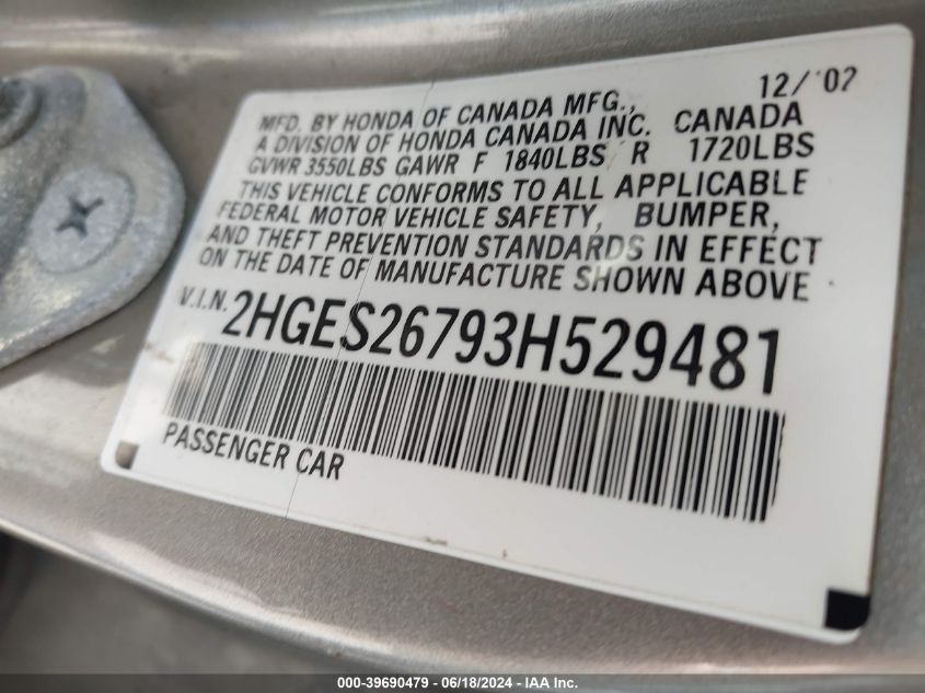 2003 Honda Civic Ex VIN: 2HGES26793H529481 Lot: 39690479