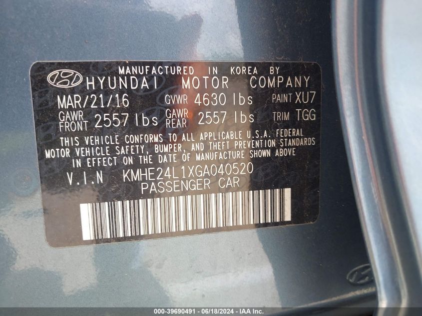 2016 Hyundai Sonata Hybrid Se VIN: KMHE24L1XGA040520 Lot: 39690491