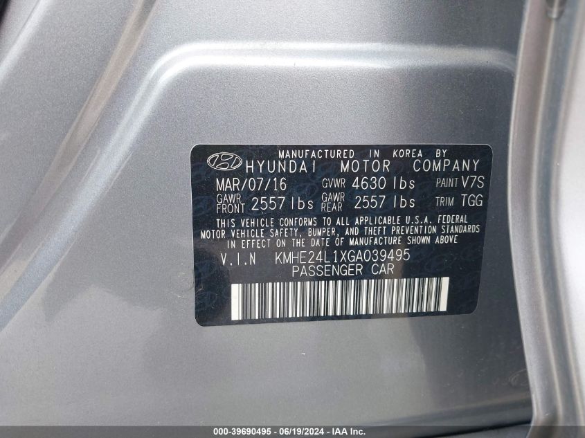 2016 HYUNDAI SONATA HYBRID/SE - KMHE24L1XGA039495