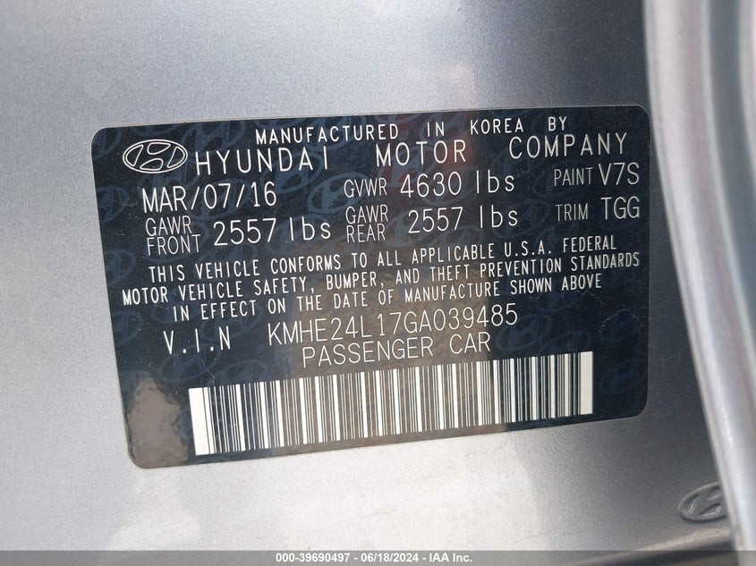 2016 HYUNDAI SONATA HYBRID SE - KMHE24L17GA039485