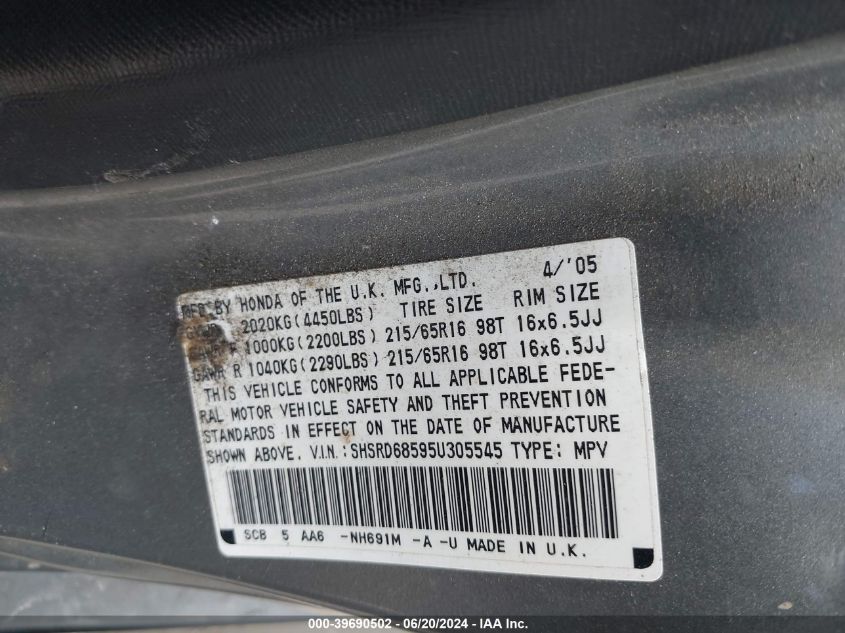 2005 Honda Cr-V Lx VIN: SHSRD68595U305545 Lot: 39690502