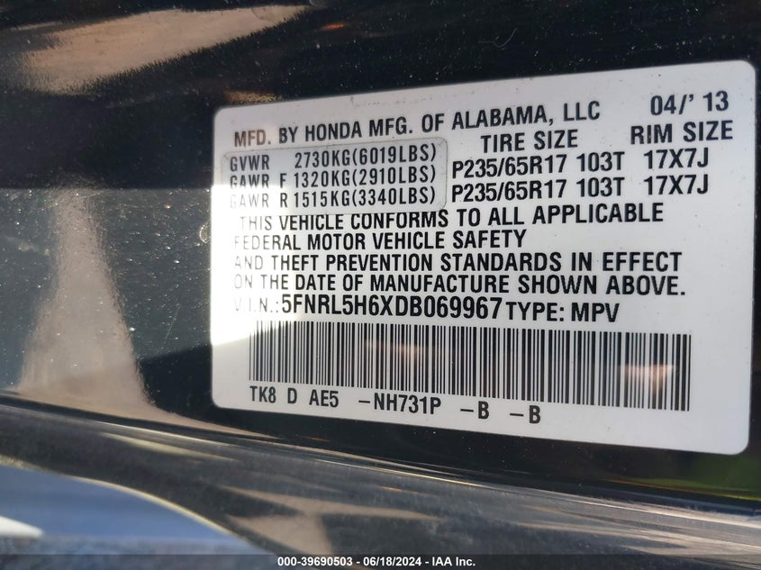 2013 Honda Odyssey Ex-L VIN: 5FNRL5H6XDB069967 Lot: 39690503