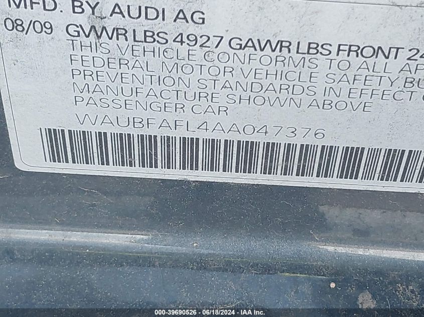 2010 Audi A4 2.0T Premium VIN: WAUBFAFL4AA047376 Lot: 39690526
