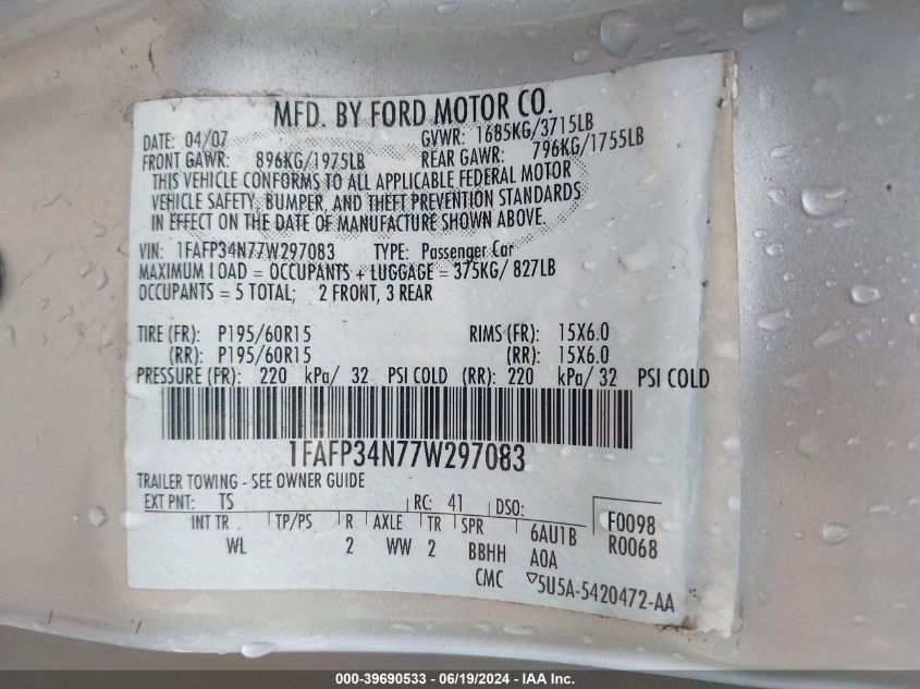 2007 Ford Focus S/Se/Ses VIN: 1FAFP34N77W297083 Lot: 39690533