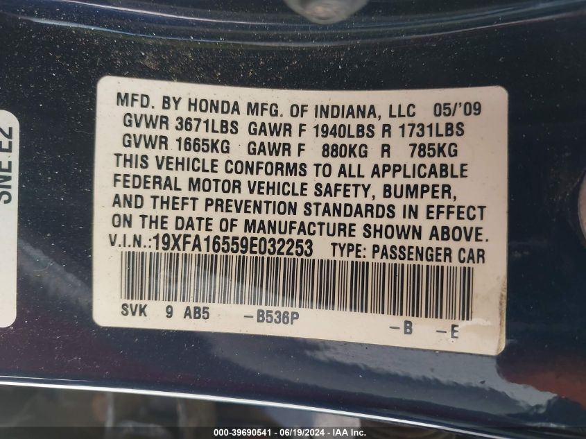 2009 Honda Civic Lx VIN: 19XFA16559E032253 Lot: 39690541