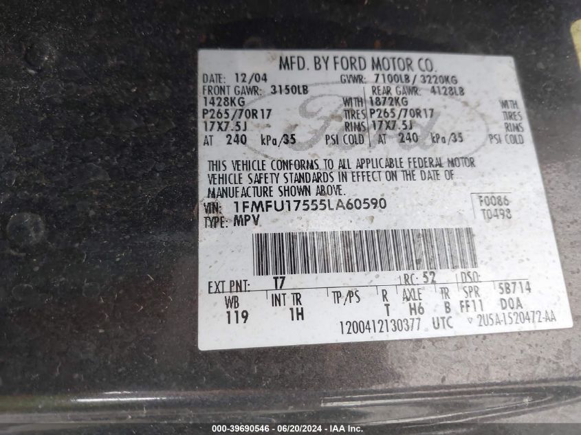 2005 Ford Expedition Eddie Bauer/King Ranch VIN: 1FMFU17555LA60590 Lot: 39690546