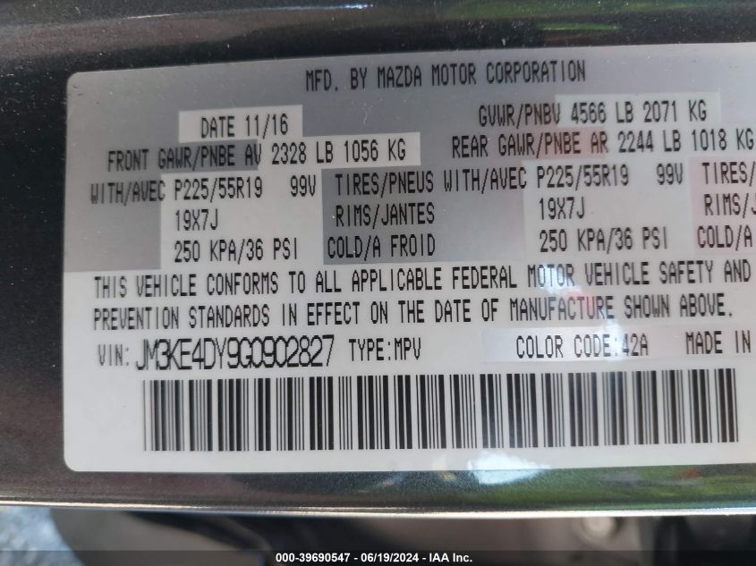 2016 Mazda Cx-5 Gt VIN: JM3KE4DY9G0902827 Lot: 39690547