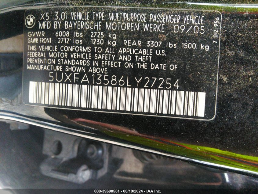 2006 BMW X5 3.0I VIN: 5UXFA13586LY27254 Lot: 39690551