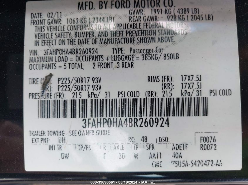 2011 Ford Fusion Se VIN: 3FAHP0HA4BR260924 Lot: 39690561