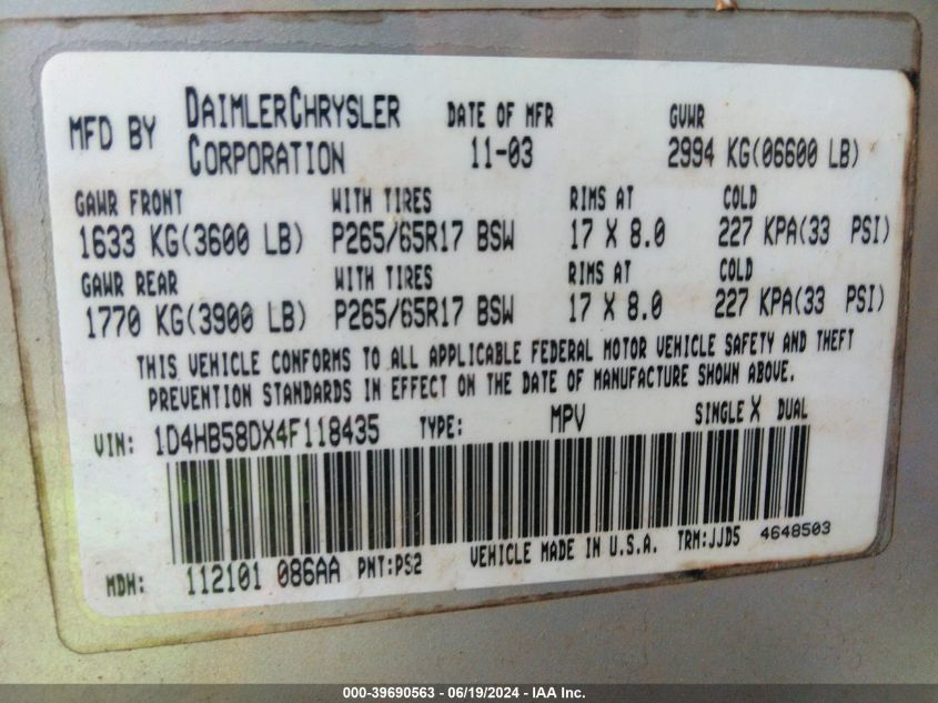 2004 Dodge Durango Limited VIN: 1D4HB58DX4F118435 Lot: 39690563