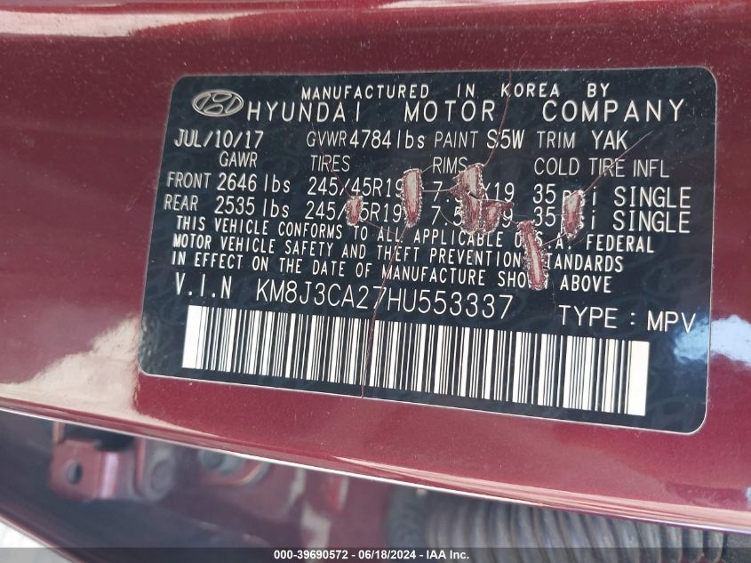 2017 Hyundai Tucson Value VIN: KM8J3CA27HU553337 Lot: 39690572