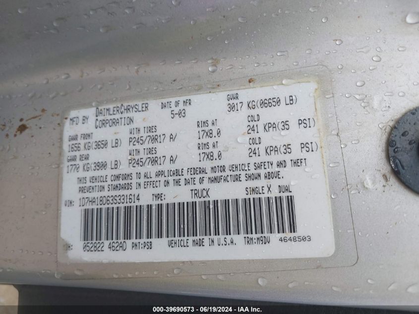 2003 Dodge Ram 1500 Slt/Laramie/St VIN: 1D7HA18D63S331614 Lot: 39690573