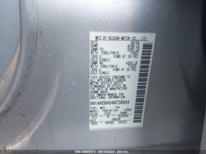 2004 Nissan Pathfinder Armada Le VIN: 5N1AA08A04N738934 Lot: 39690575