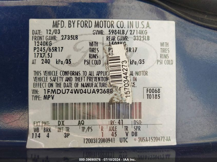 2004 Ford Explorer Eddie Bauer VIN: 1FMDU74W04UA93688 Lot: 39690576