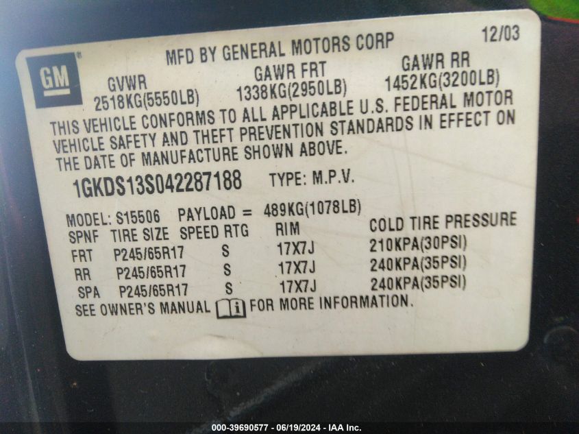 2004 GMC Envoy Sle VIN: 1GKDS13S042287188 Lot: 39690577