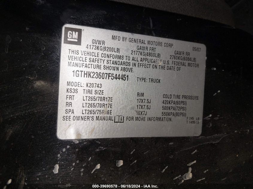 2007 GMC Sierra 2500Hd Slt VIN: 1GTHK23607F544451 Lot: 39690578