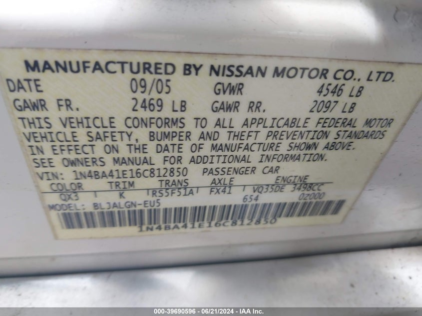 2006 Nissan Maxima 3.5 Sl VIN: 1N4BA41E16C812850 Lot: 39690596