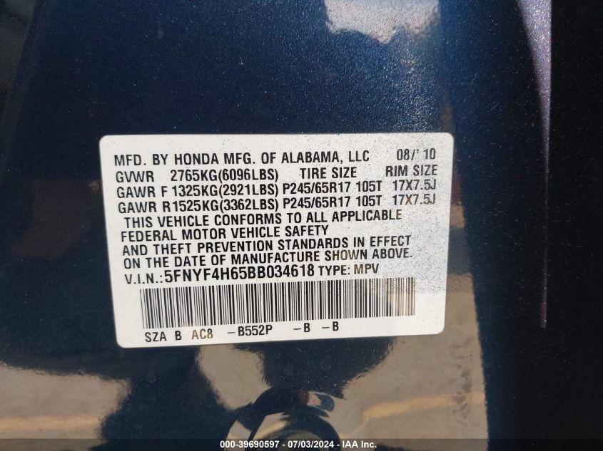 2011 Honda Pilot Exl VIN: 5FNYF4H65BB034618 Lot: 39690597