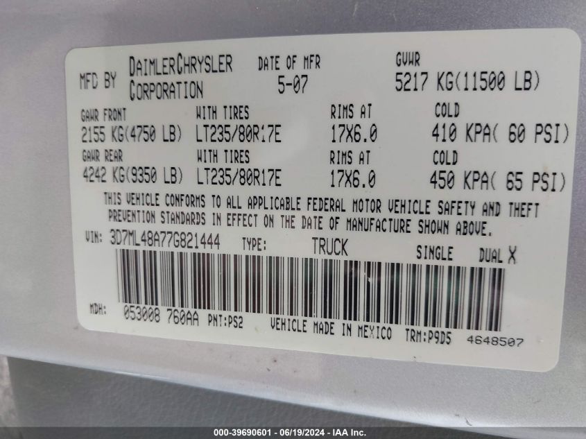 2007 Dodge Ram 3500 St VIN: 3D7ML48A77G821444 Lot: 39690601
