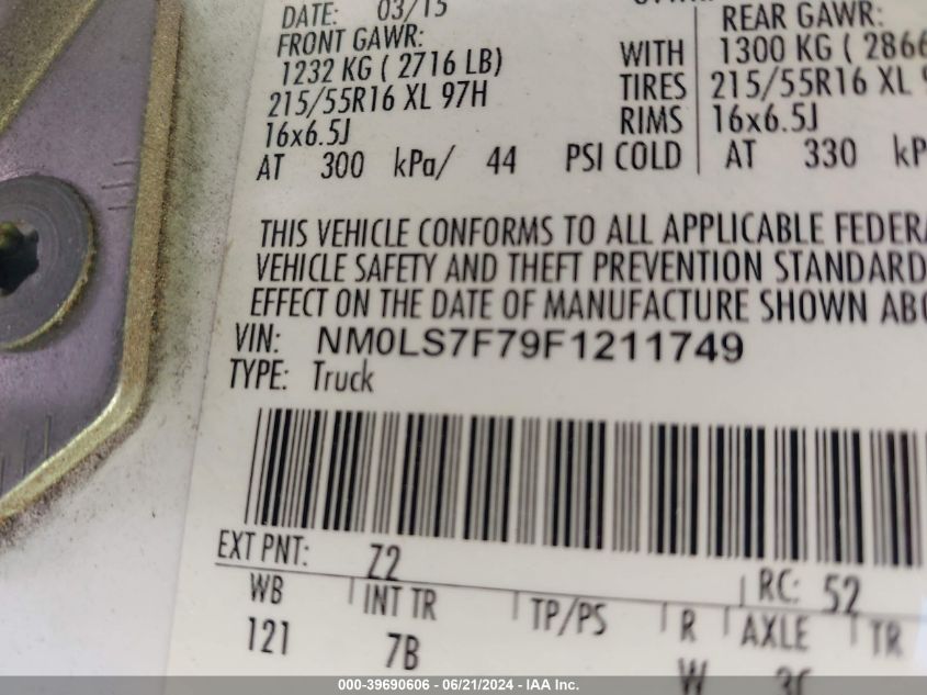 2015 Ford Transit Connect Xlt VIN: NM0LS7F79F1211749 Lot: 39690606