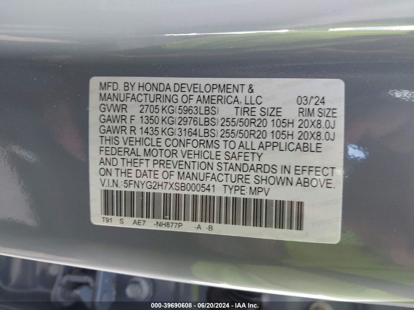 2025 Honda Pilot 2Wd Touring VIN: 5FNYG2H7XSB000541 Lot: 39690608