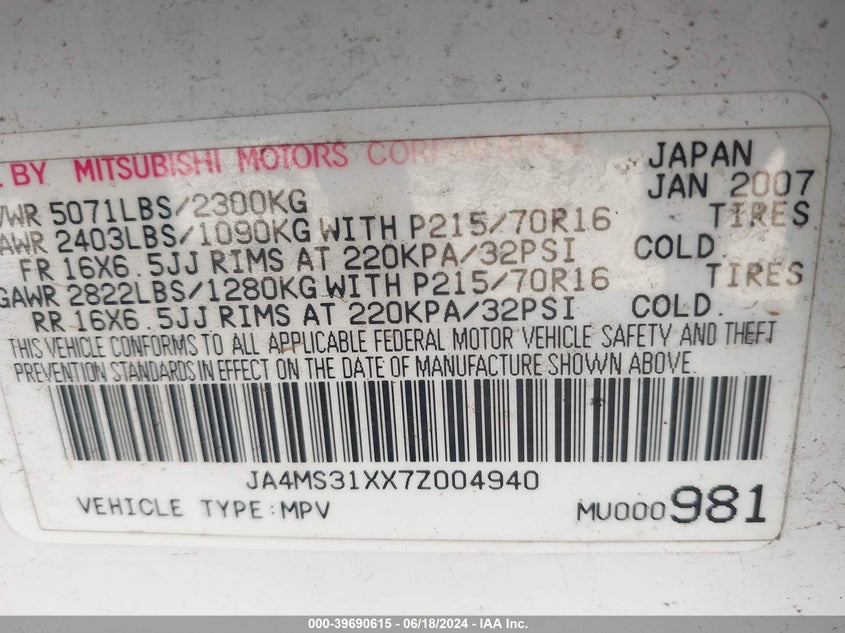 2007 Mitsubishi Outlander Es/Ls VIN: JA4MS31XX7Z004940 Lot: 39690615