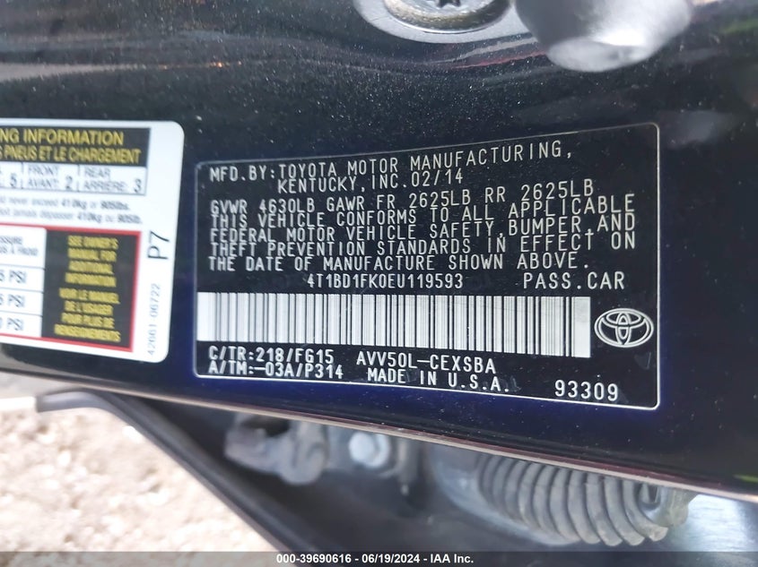 2014 Toyota Camry Hybrid Se Limited Edition VIN: 4T1BD1FK0EU119593 Lot: 39690616