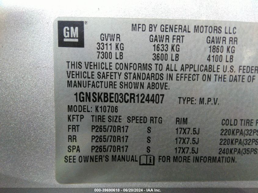 2012 Chevrolet Tahoe K1500 Lt VIN: 1GNSKBE03CR124407 Lot: 39690618