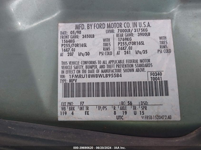 1998 Ford Expedition Eddie Bauer/Xlt VIN: 1FMRU18W8WLB95584 Lot: 39690620