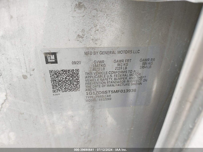 2021 Chevrolet Malibu Fwd Lt VIN: 1G1ZD5ST5MF013936 Lot: 39690641