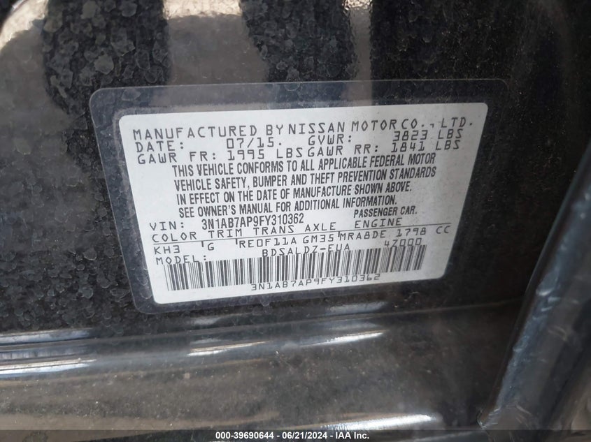 2015 Nissan Sentra Sv VIN: 3N1AB7AP9FY310362 Lot: 39690644