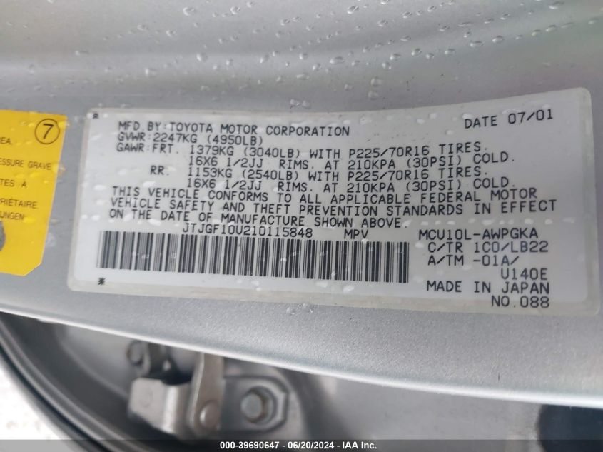 2001 Lexus Rx 300 VIN: JTJGF10U210115848 Lot: 39690647