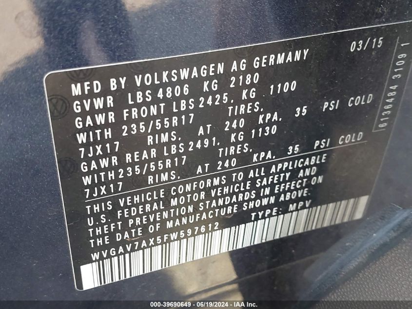 2015 Volkswagen Tiguan Se VIN: WVGAV7AX5FW597612 Lot: 39690649