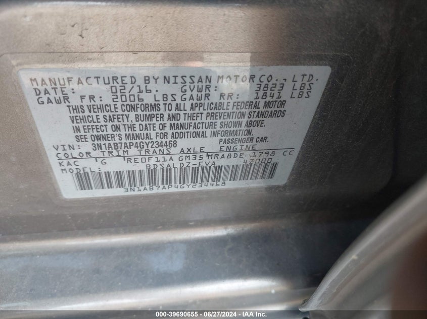 2016 Nissan Sentra Sv VIN: 3N1AB7AP4GY234468 Lot: 39690655