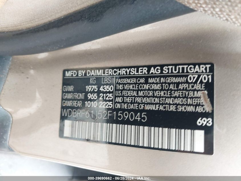 2002 Mercedes-Benz C 240 VIN: WDBRF61J52F159045 Lot: 39690662