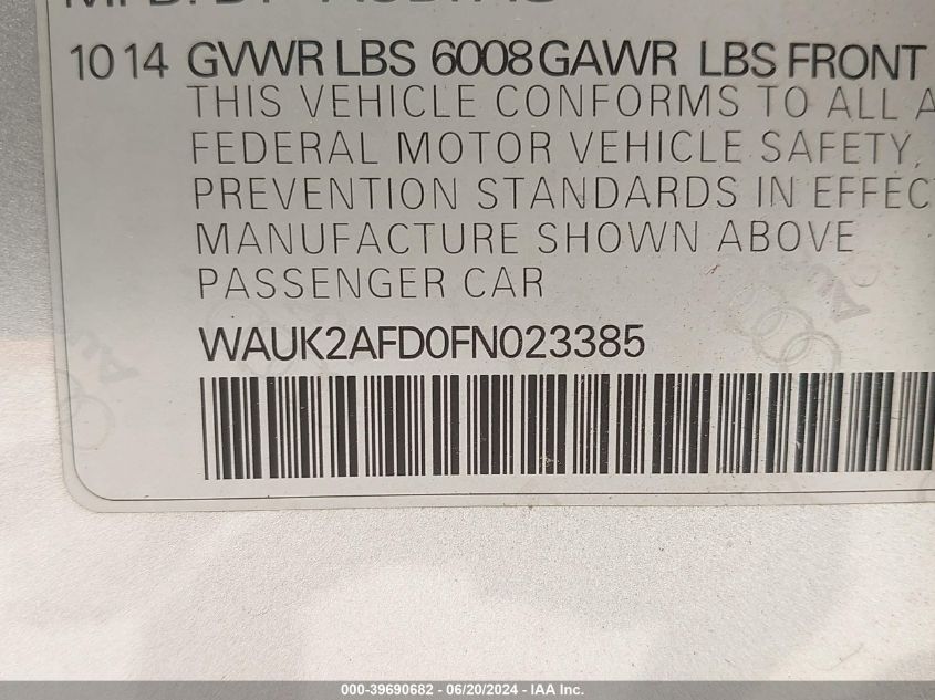 2015 Audi S8 Quattro VIN: WAUK2AFD0FN023385 Lot: 39690682