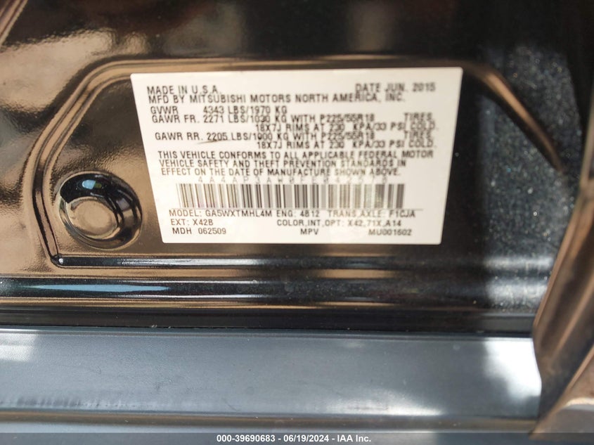 2015 Mitsubishi Outlander Sport Es VIN: 4A4AP3AW0FE042578 Lot: 39690683