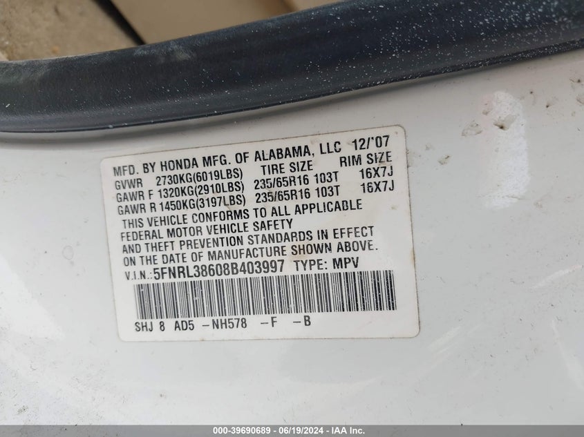 2008 Honda Odyssey Ex-L VIN: 5FNRL38608B403997 Lot: 39690689