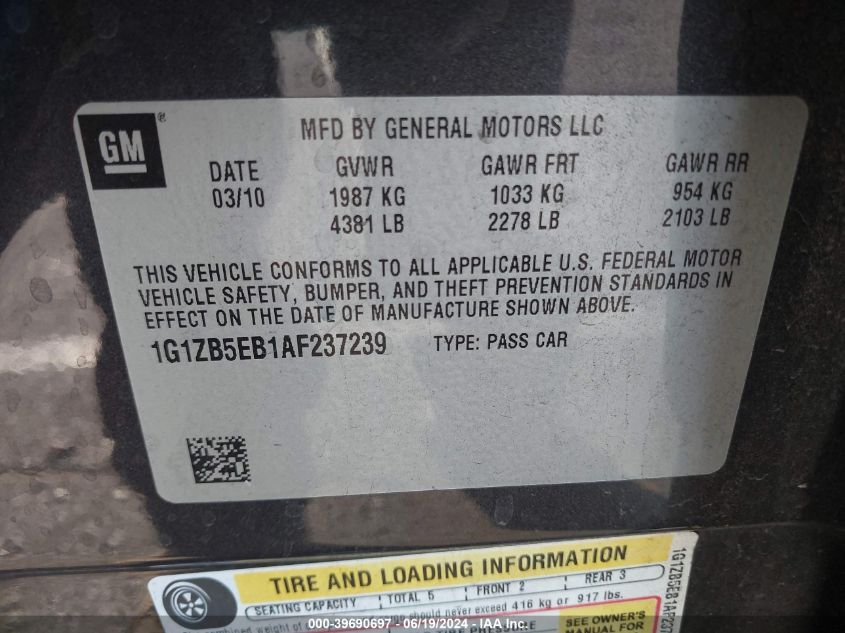 2010 Chevrolet Malibu Ls VIN: 1G1ZB5EB1AF237239 Lot: 39690697