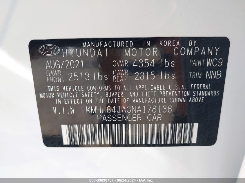 2022 Hyundai Sonata Sel VIN: KMHL64JA3NA178136 Lot: 39690707