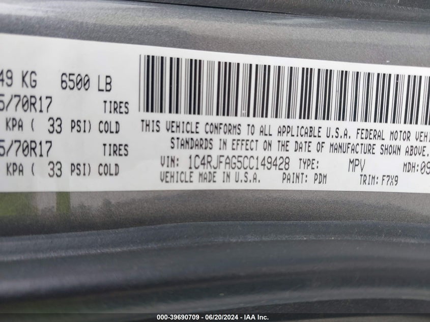 2012 Jeep Grand Cherokee Laredo VIN: 1C4RJFAG5CC149428 Lot: 39690709