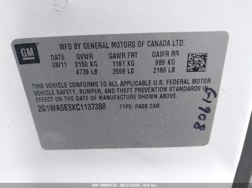 2012 Chevrolet Impala Ls VIN: 2G1WA5E3XC1137388 Lot: 39690722